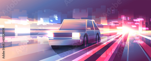 Crossover car rides at high speed on night blurred city background.