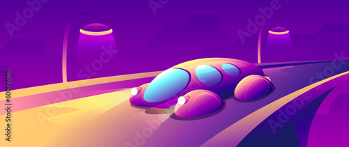 Unusual futuristic car drives along an empty highway. Night autocad on the bridge. Horizontal gradient illustration future scene.