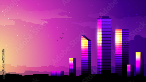 Vector gradient colorful illustration of beautiful urban skyscrapers on sunset background.