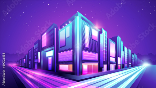 Vector gradient neon illustration of a street with shops in the city.