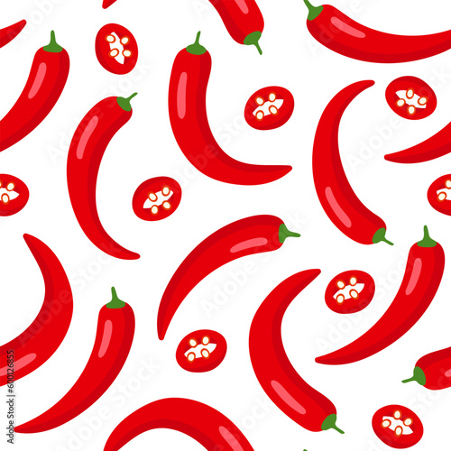 Red hot chili peppers seamless pattern on white background.