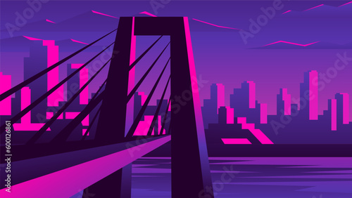 Beautiful pink sunset on metropolis background. Large bridge over the river view. Urban view horizontal landscape.