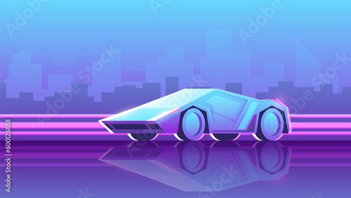 Modern racing supercar stands on bright neon night city background. Horizontal vector illustration of modern fast transport.