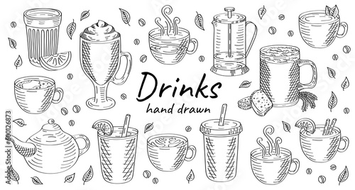 Vector hand drawn set doodle coffee, tea, juice and kvass drinks illustration isolated on white background.
