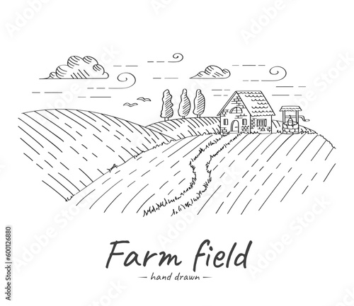 Vector hand drawn doodle illustration of a graphic countryside with a view of a house with a well.
