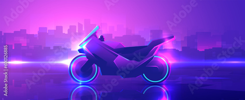 Futuristic neon motorcycle rides on night street. Night cyberpunk horizontal illustration of modern transport on city background.