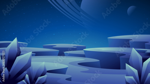 Fantastic illustration of unusual alien landscape. Rocky terrain on space background.