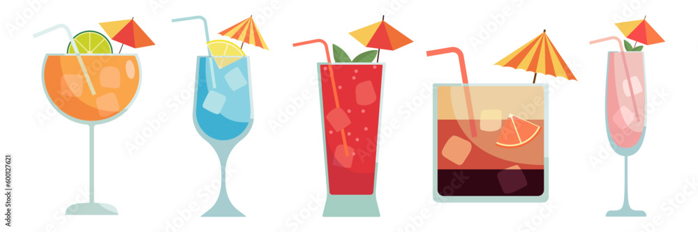 Set of cocktails. Summer illustration of classical drinks in different types of glasses. Vector illustration of summer cocktails. Banner with soft and alcohol drinks - obrazy, fototapety, plakaty 