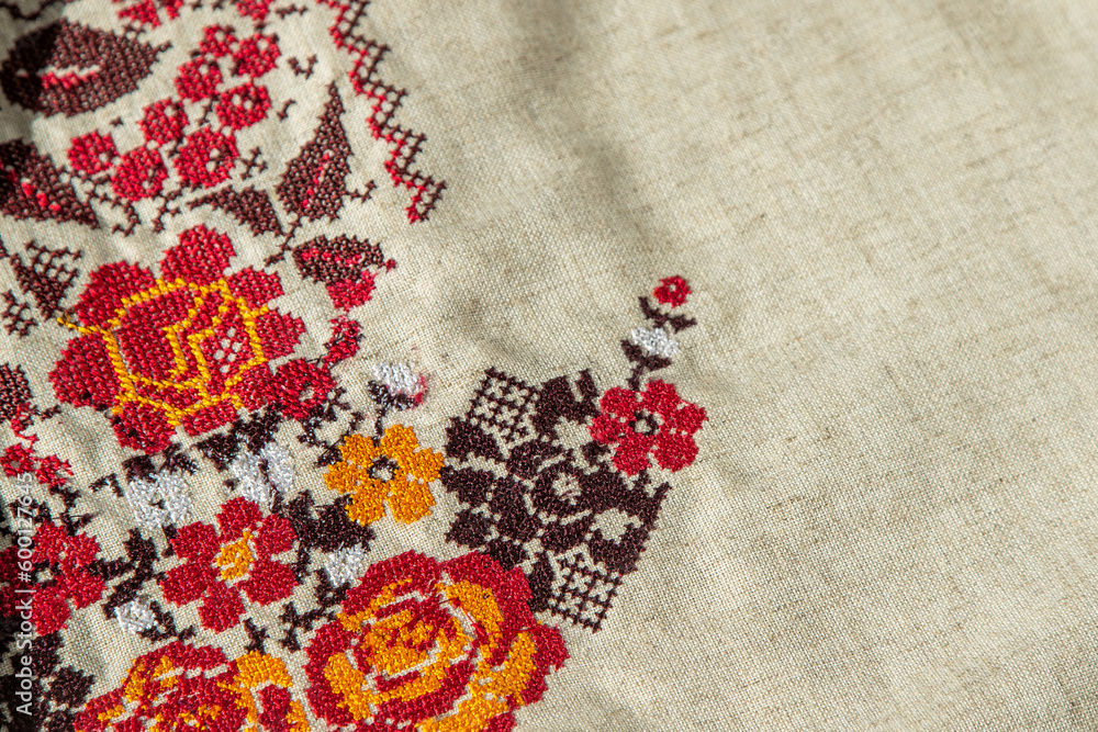 Ukrainian clothes embroidered shirt. Red orange and black threads