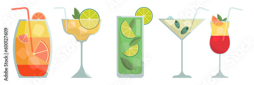Set of cocktails. Summer illustration of classical drinks in different types of glasses. Vector illustration of summer cocktails. Banner with soft and alcohol drinks