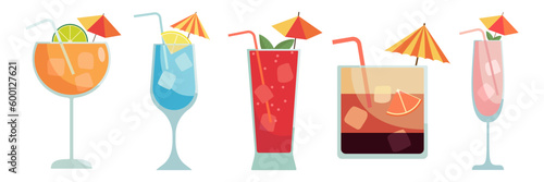 Set of cocktails. Summer illustration of classical drinks in different types of glasses. Vector illustration of summer cocktails. Banner with soft and alcohol drinks