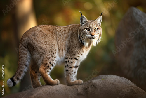 Bobcat (Lynx rufus) standing on a rock