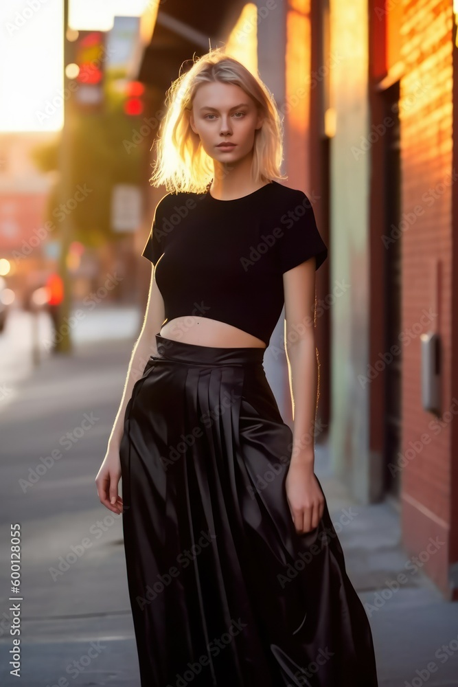 Elegant fictional blond model woman wearing long black skirt and top, standing in an empty street of a city. Generative AI illustration.