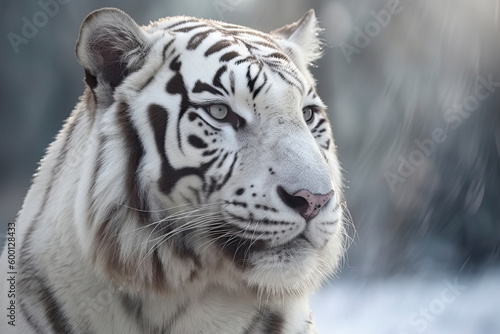 Close up of a big white tiger head. Bleached tiger of India in a snowy forest and winter background