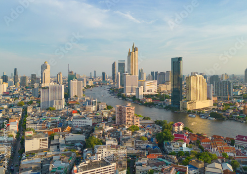 Aerial view of Bangkok Downtown Skyline, Thailand. Financial district and business centers in smart urban city in Asia. Skyscraper and high-rise buildings with Chao Phraya River.