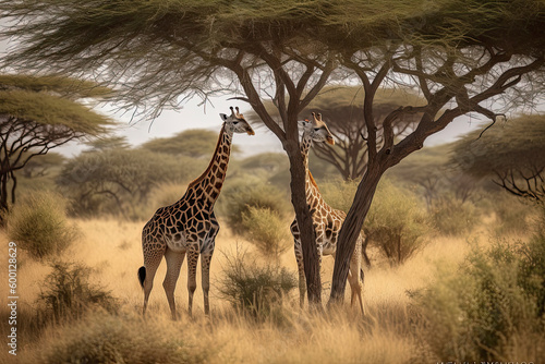 Two Maasai giraffe, male and female, grazing from an acacia tree in the Masai Mara, Kenya. © surassawadee