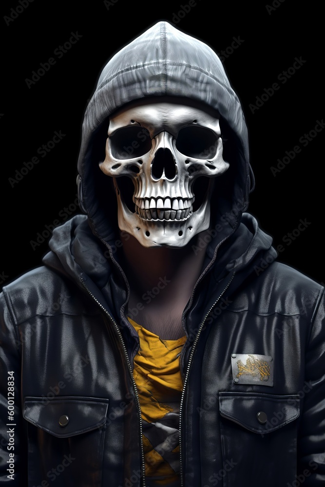 Human skeleton in a jacket and hood on a black background Human skeleton in a jacket and hood on a black background