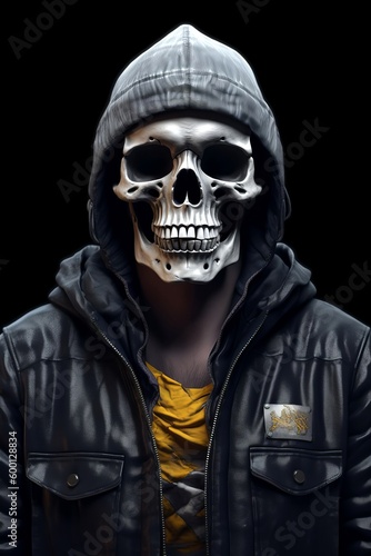 Human skeleton in a jacket and hood on a black background