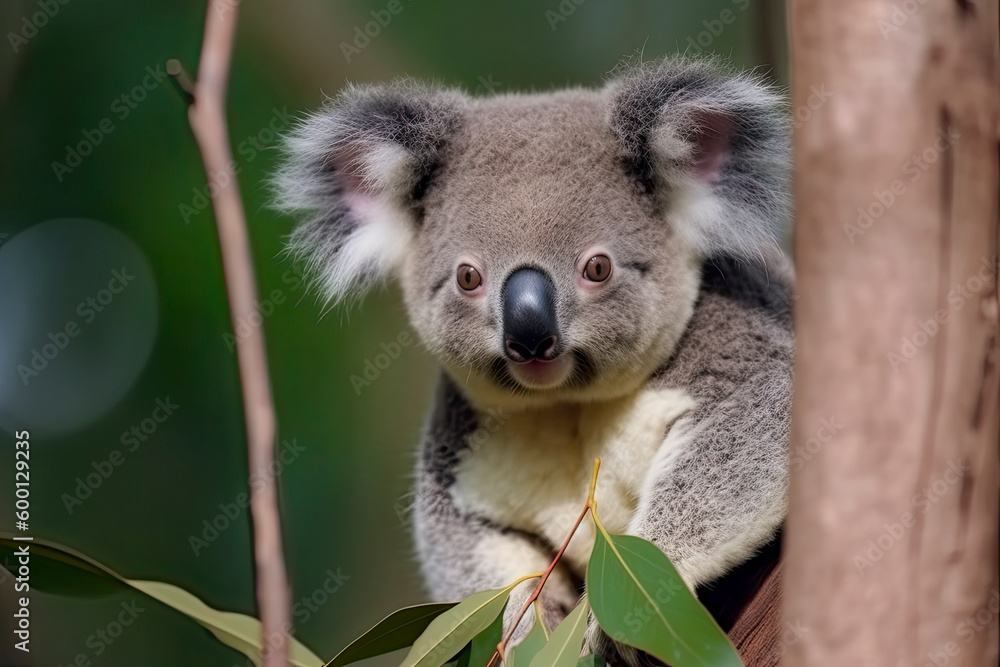 Fototapeta premium close-up of a young koala bear (Phascolarctos cinereus) on a tree eating eucalypt leaves