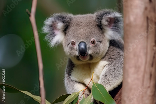 close-up of a young koala bear  Phascolarctos cinereus  on a tree eating eucalypt leaves