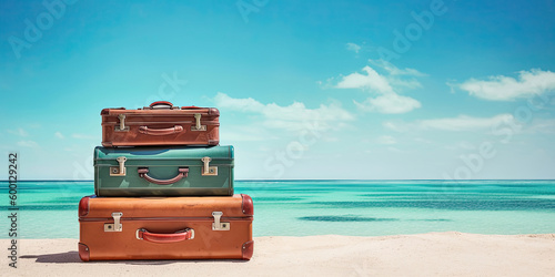 Stack of three suitcases on the beach, Generative AI