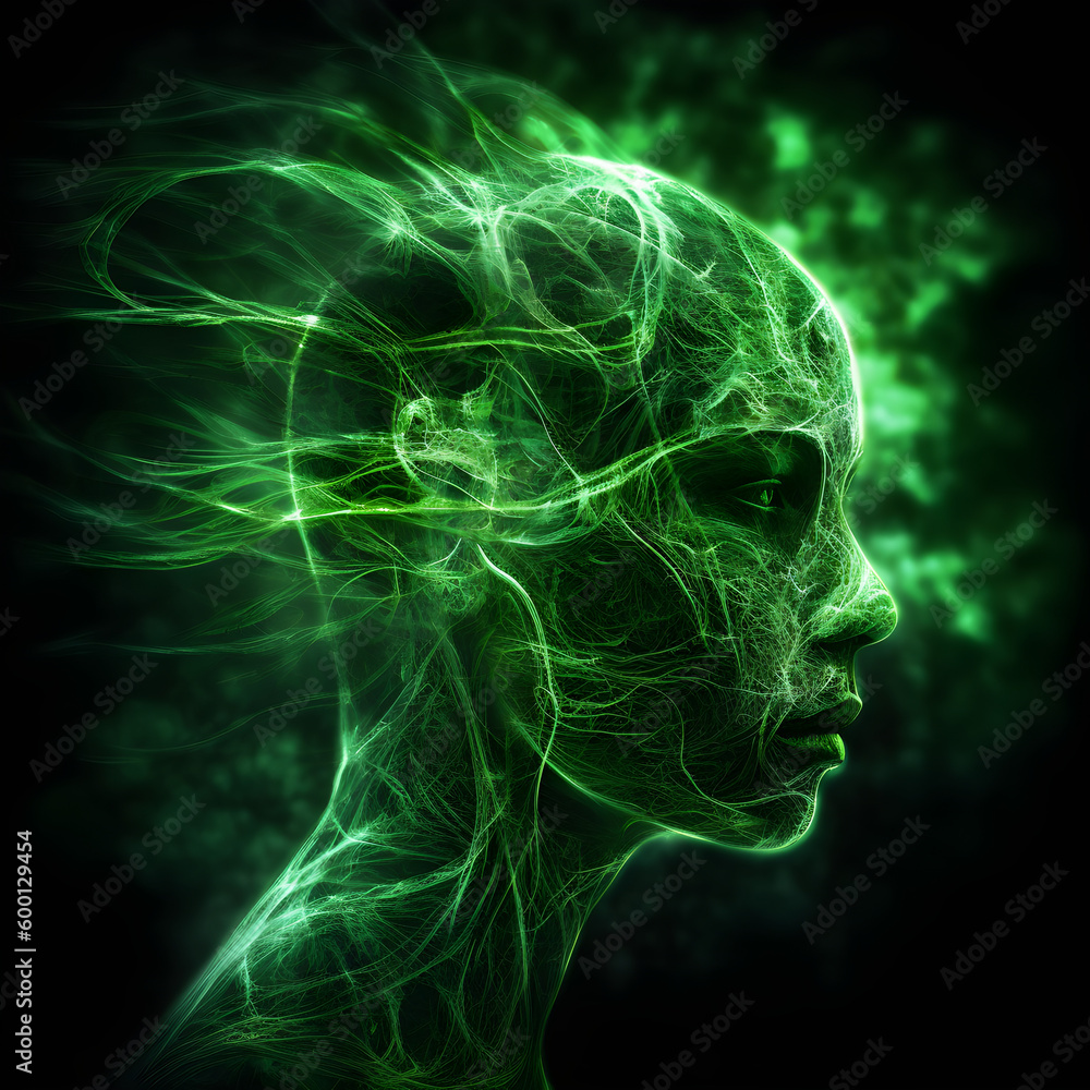 Futuristic Head with green smoke or mist, Generative AI Futuristic Head with green smoke or mist, Generative AI