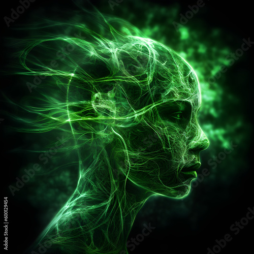 Futuristic Head with green smoke or mist, Generative AI