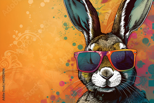 Illustration of a rabbit in glasses on an orange background, Generative AI