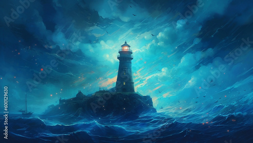 Lighthouse In Magical And Mystical Night Illustration Made with Generative AI
