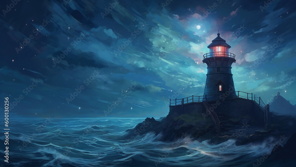 Lighthouse In Magical And Mystical Night Illustration Made with Generative AI