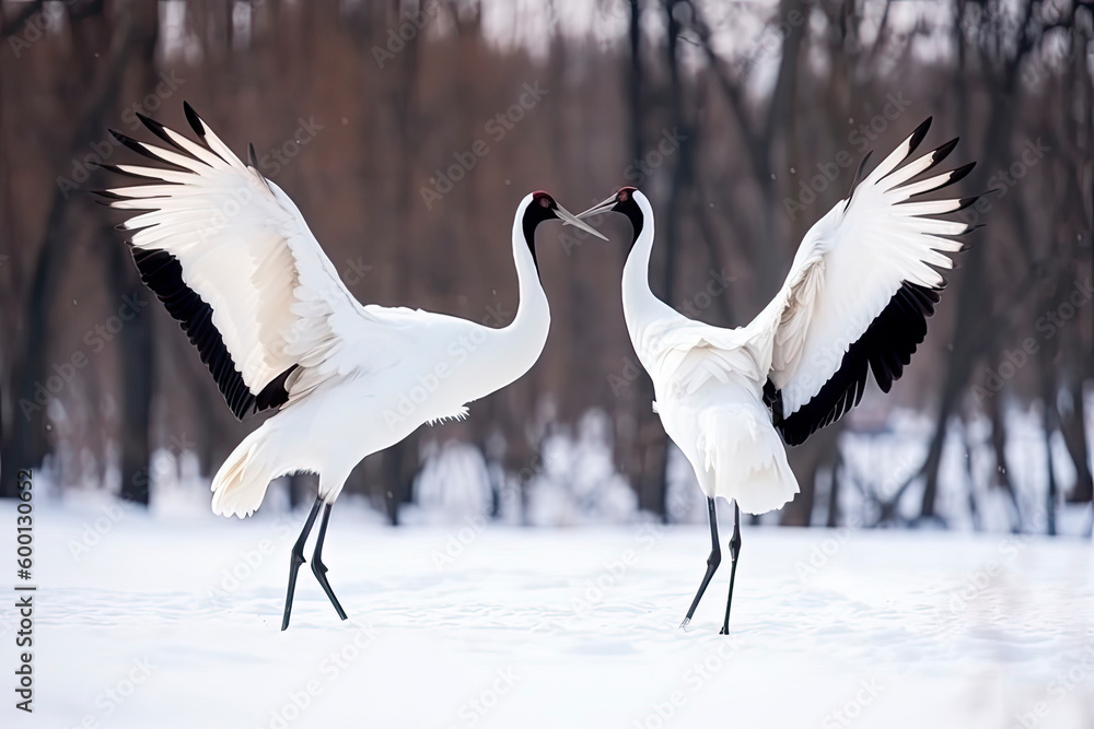 Obraz premium Dancing Cranes. The ritual marriage dance of cranes. The red-crowned crane. Scientific name: Grus japonensis, also called the Japanese crane or Manchurian crane. natural habitat. Japan