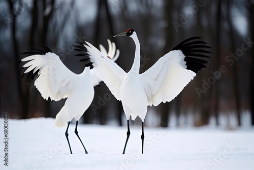 Dancing Cranes. The ritual marriage dance of cranes. The red-crowned crane. Scientific name: Grus japonensis, also called the Japanese crane or Manchurian crane. natural habitat. Japan