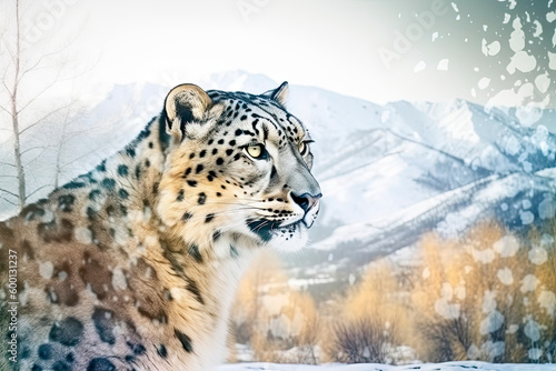 Double exposure of snow Leopard and frozen forest with snowfall and sunny mountains behind