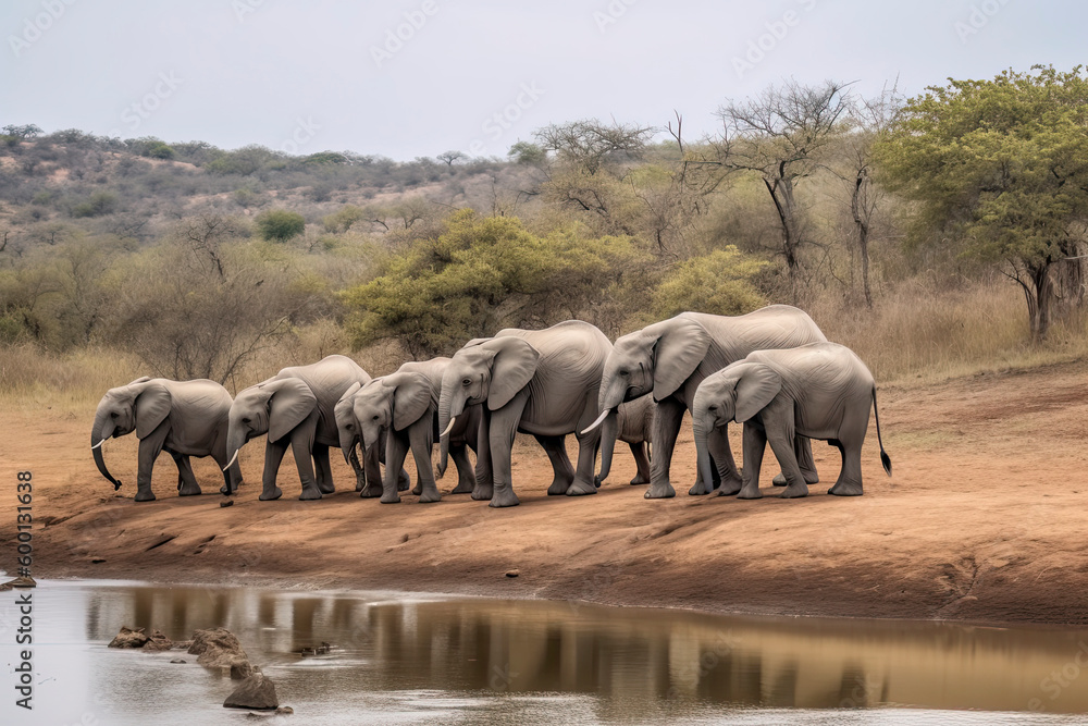 Obraz premium Elephant herd walking on dam wall with some already drinking water down below female