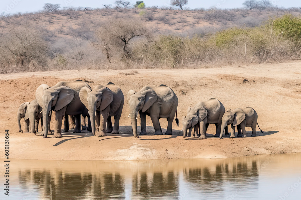 Obraz premium Elephant herd walking on dam wall with some already drinking water down below female