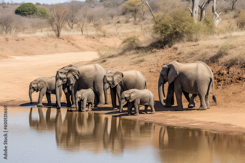 Obraz premium Elephant herd walking on dam wall with some already drinking water down below female