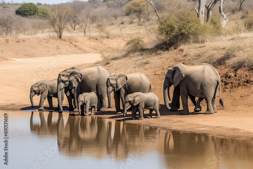 Elephant herd walking on dam wall with some already drinking water down below female