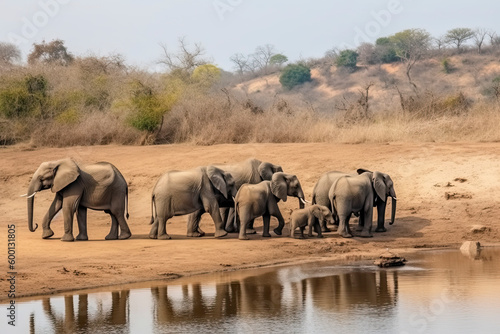 Elephant herd walking on dam wall with some already drinking water down below female