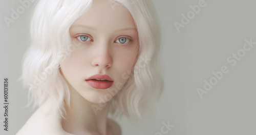 Beauty image of an albino girl posing in studio. Concept about body positivity, diversity, and fashion, beautiful portrait of a blond girl