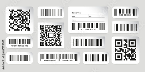 Barcode stickers. Scan data labels with QR codes on paper layout, supermarket discount codes and product number tags. Vector shop label set. Labeling for selling in shop with description and price photo