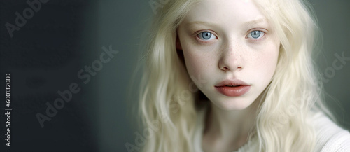 Beauty image of an albino girl posing in studio. Concept about body positivity, diversity, and fashion, beautiful portrait of a blond girl photo