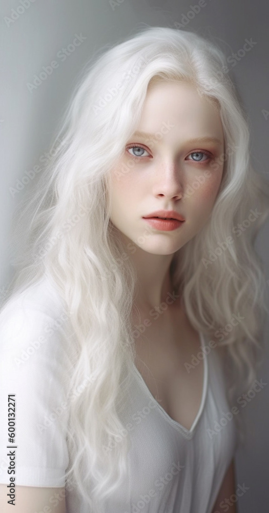 Beauty image of an albino girl posing in studio. Concept about body positivity, diversity, and fashion, beautiful portrait of a blond girl