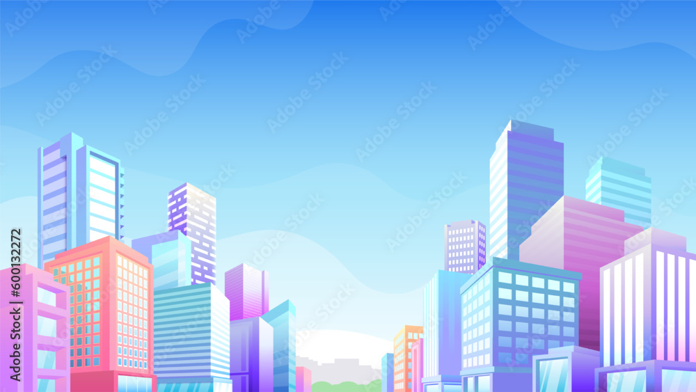 Vector color gradient illustration of daytime beautiful city view.