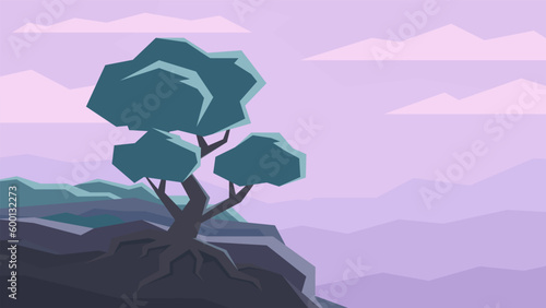 Minimalistic tree stands on cliff. Flat horizontal landscape illustration on pink sunset sky background.