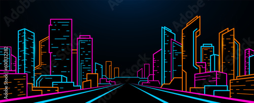 Night outline neon city in retro waves, synth style.