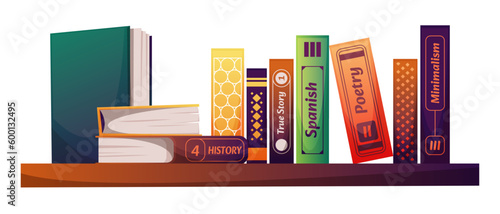 Book shelf. Cartoon fantasy fiction library with colorful books, child kid school bookstore with large collection on shelf. Vector illustration. Classroom wall with textbooks for learning