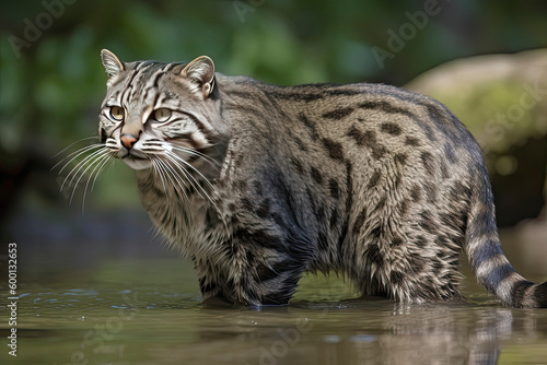 Fishing Cat, prionailurus viverrinus, Adult standing in Water, Fishing, with Fish in Mouth © surassawadee