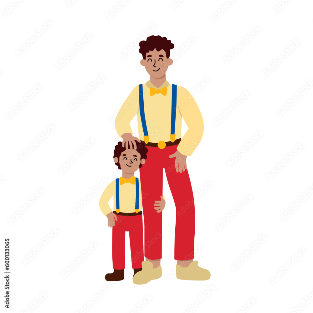 Happy fathers day. Dad and son in the same costumes. Boy hugs daddys leg. Lovely characters in cartoon flat style. Relationship between child and parent