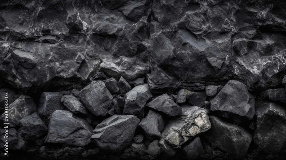 黒いコンクリートの壁、グランジ石の質感、ダークグレーの岩肌背景パノラマワイドバナー AI
