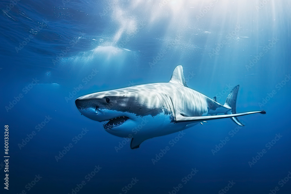 Great white shark underwater, hunting and attacking, predator - obrazy, fototapety, plakaty 